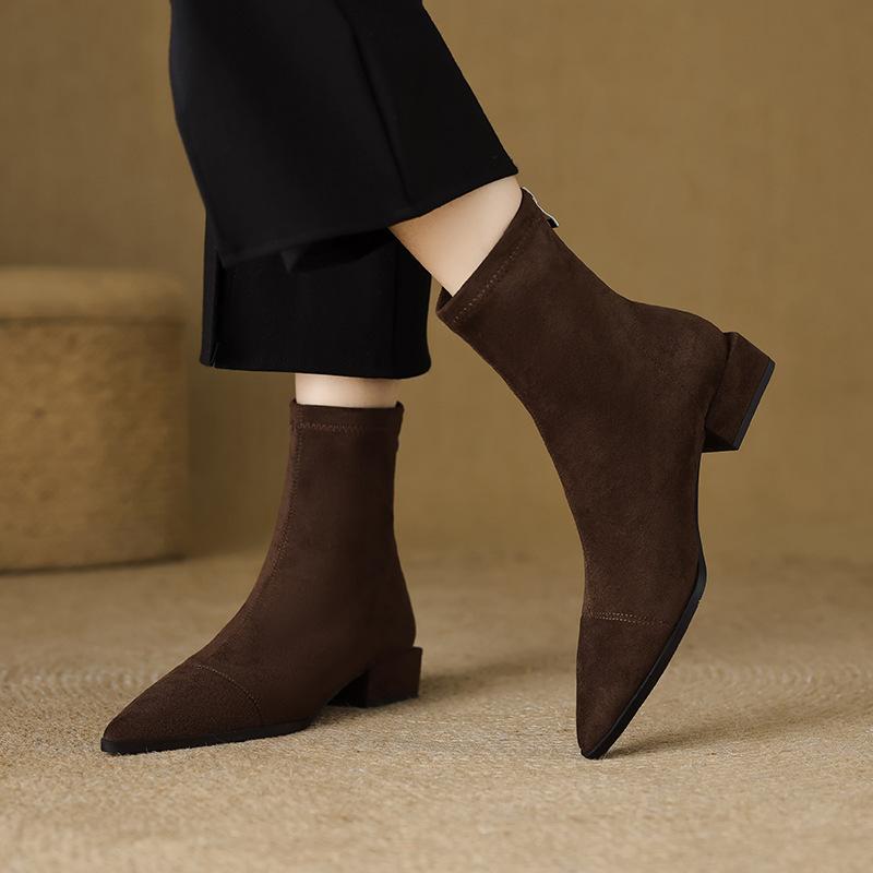 Women's Boots 2025 Winter Fashion Pointed-toe Design Short Boots with Zippers On The Back, Slim Low-heeled Nude Boots