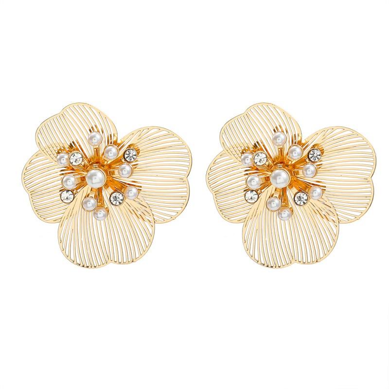 Elegant Floral Alloy Earrings Women With Pearl Accents Gold Stylish Statement Jewelry Gold