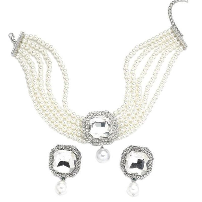 Pack Of 1 Set Elegant Multilayer Faux Pearls And Geometric Crystal Necklace and Earrings Set For Women Lady