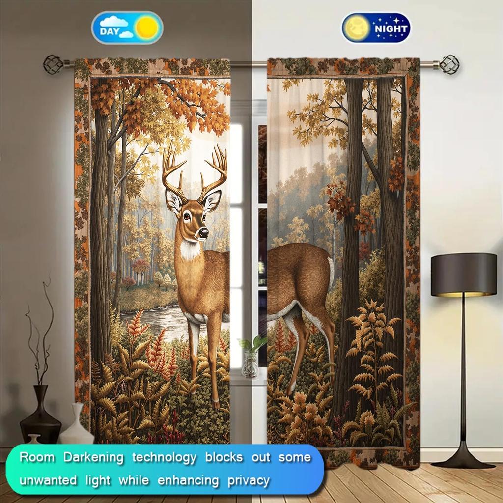 Set Of 2 American Elk Forest Decorative Curtains Uv Insulation Privacy Protection Retro Style Made Polyester