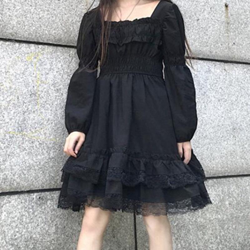 

Черное кружевное платье Лолита: Новый осенний стиль — универсальный, милый или авангардный, с небольшим квадратным воротником и длинными рукавами Double Extra Large чёрный