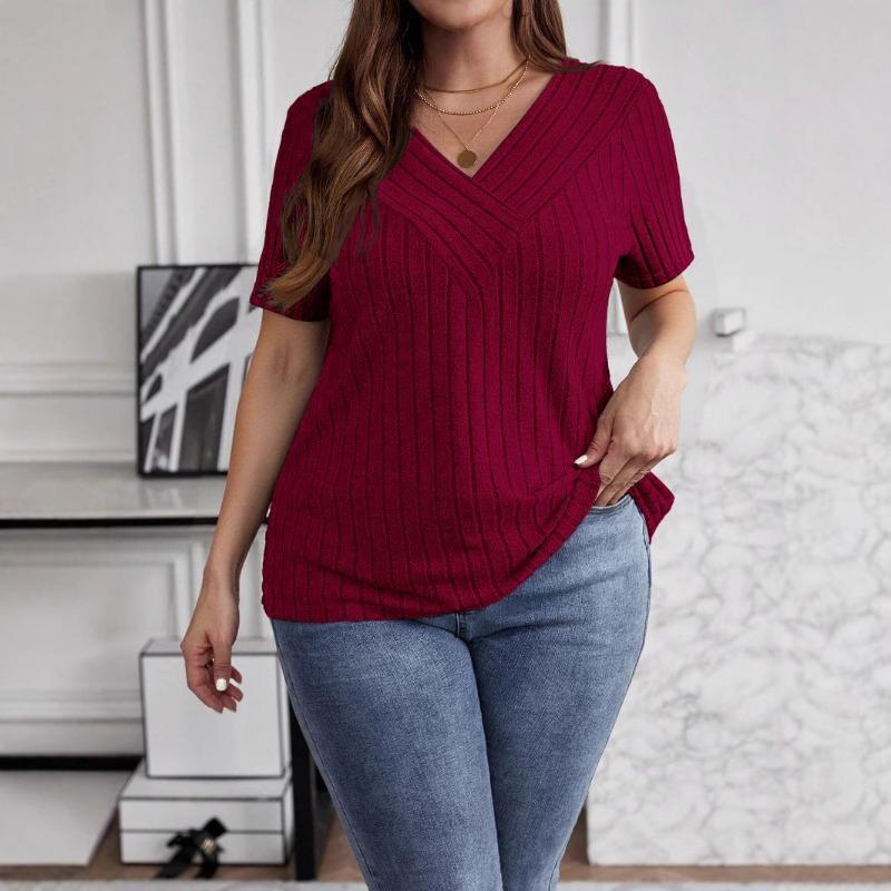 Summer Cross V-Neck Plus Size Short Sleeve Women Blouse Pit Strip Solid Color Top Fashion Loose Casual Elegant Simple T-shits Female Office Tee Shirts