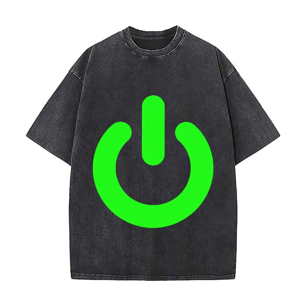 Neon Green Power Button Symbol Distressed Faded Baggy Streetwear Tops For Park Hangouts