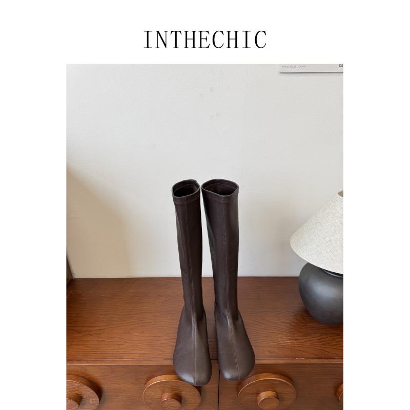 

Boots Women s new flat-bottomed velvet leather boots Small man but knee long tube flat heel single thin elastic boots 40 коричневый