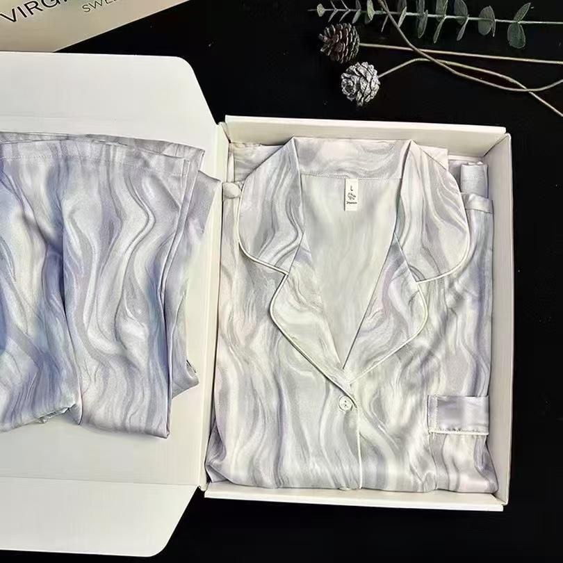 New Women Ice Silk Pajama Set,Long Sleeve Long Pants Loungewear