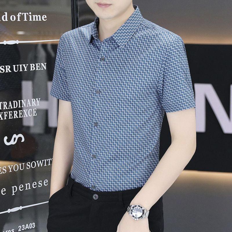 Shirt Short-sleeved Ice Silk Striped Men's Slim Summer New Casual Shirt