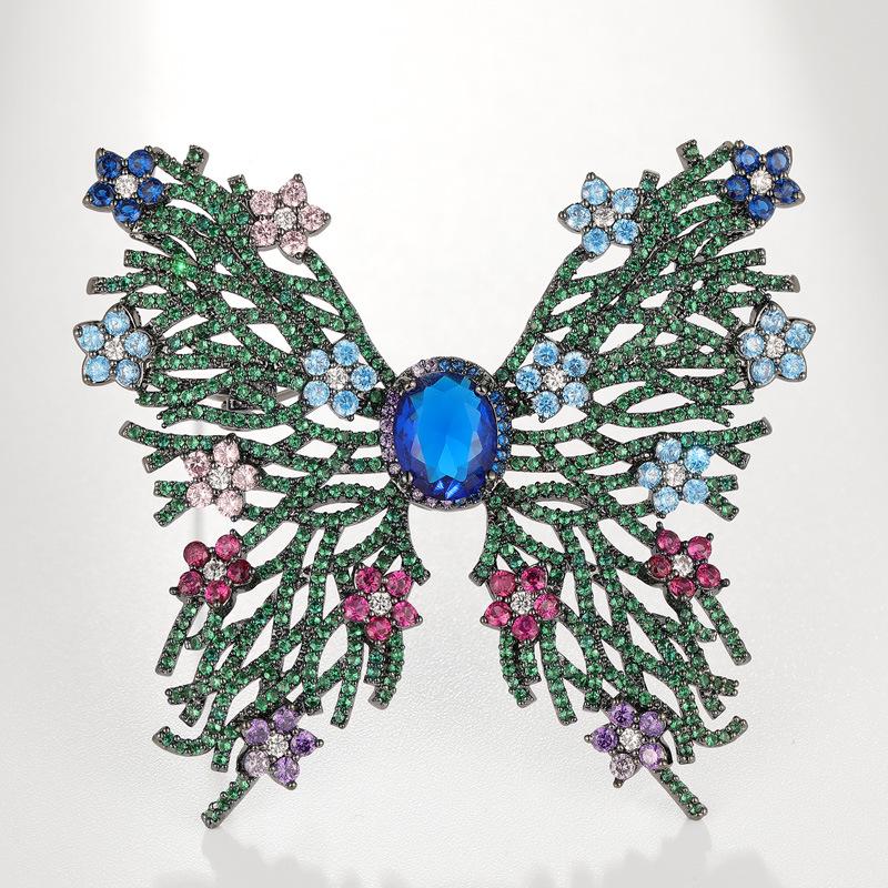 Bo Xin Yun Sapphire & Green Butterfly Zircon Brooch - Elegant Coat Accessory