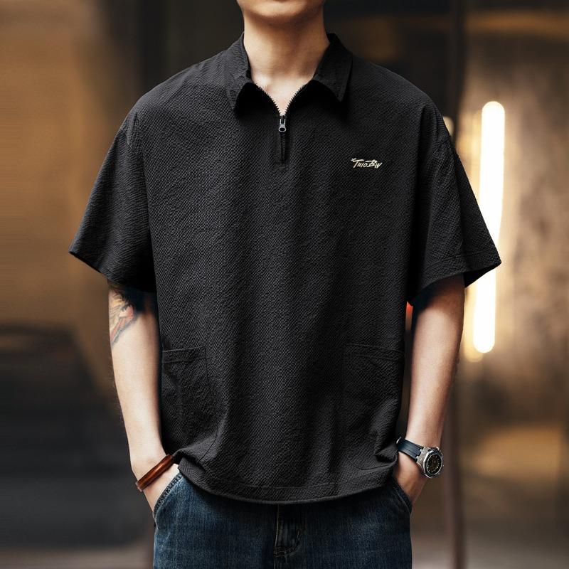 Men's Quarter Zip Textured Polo Shirt Casual Pocket Detail Loose Fit Streetwear Top