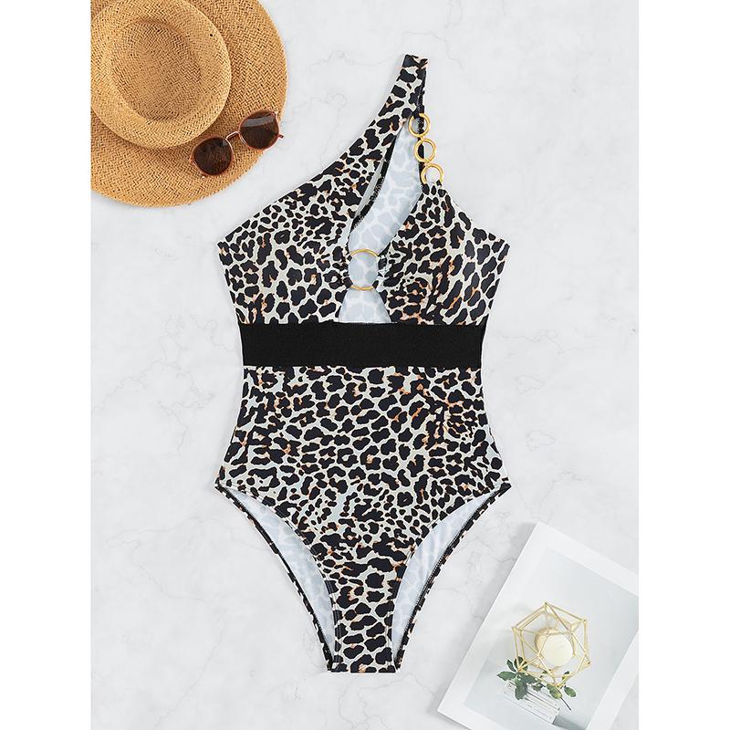 

Sexy Push Up Leopard Swimwear One Shoulder Ring Linked High Waist One Piece Swimsuit Beach Wear Bathing Suit Bodysuit S