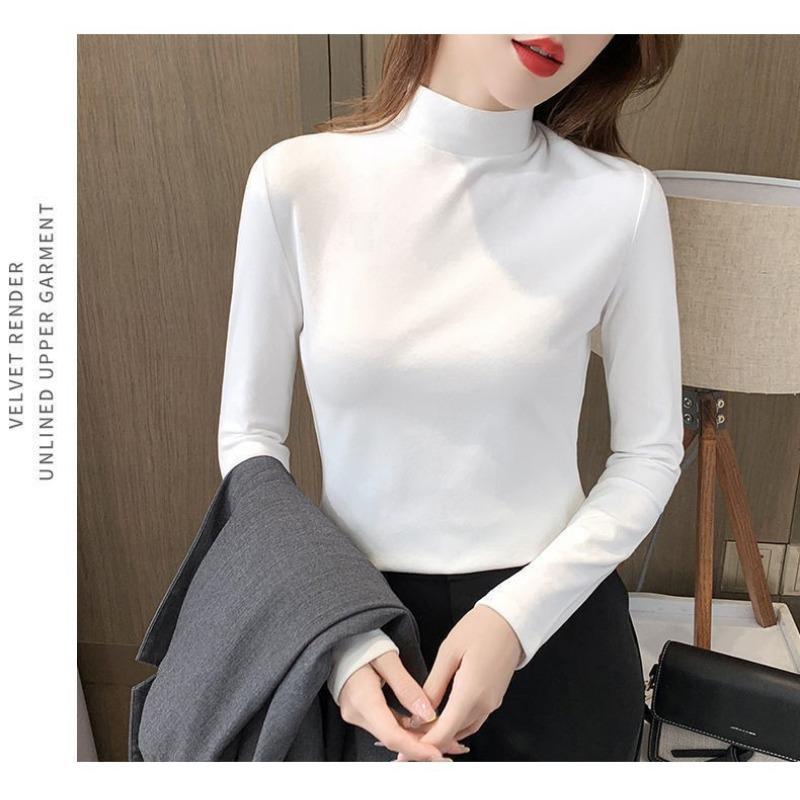 Autumn Winter Half High Collar Velvet Bottomed T-shirt Women Long Sleeve Solid Color All-match Pullover Top Tee
