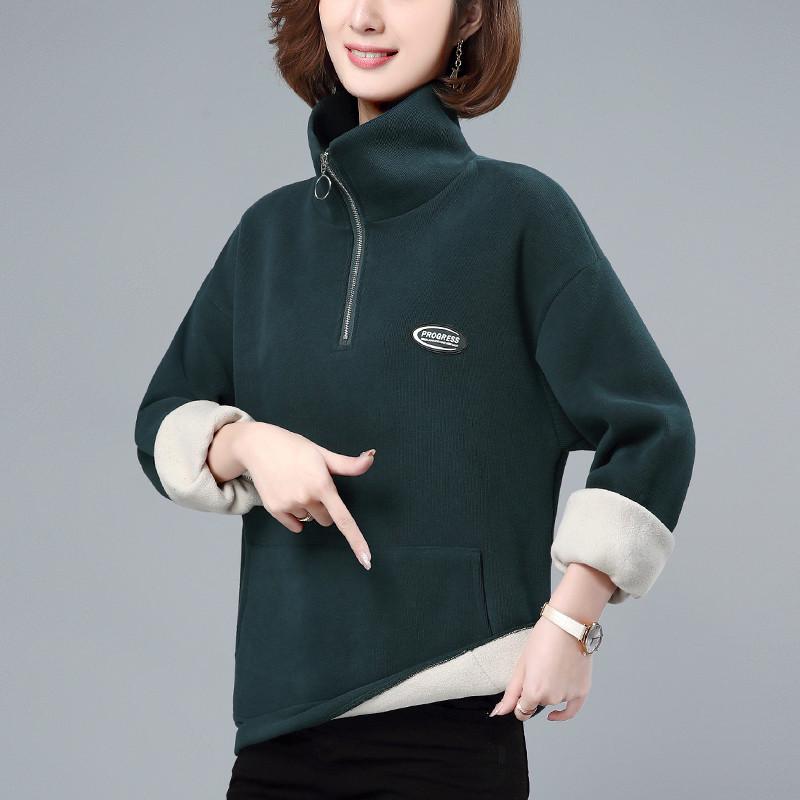 Women's Plus Velvet Thickened Half-Zip Pullover - 2023 Autumn/Winter Fashionable Loose Stand-Up Collar Sweatshirt