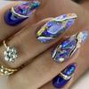 24 Pcs Pink Almond False Nails Shiny Gold Ripple Stiletto Detachable Full Cover Press On Nail Tips Manicure