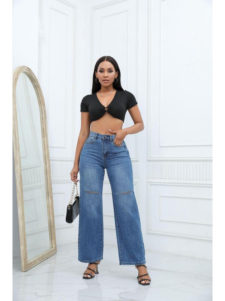 2023 Trendy European & American Ripped Bell Bottom Mid-Waist Loose Denim Pants for Women