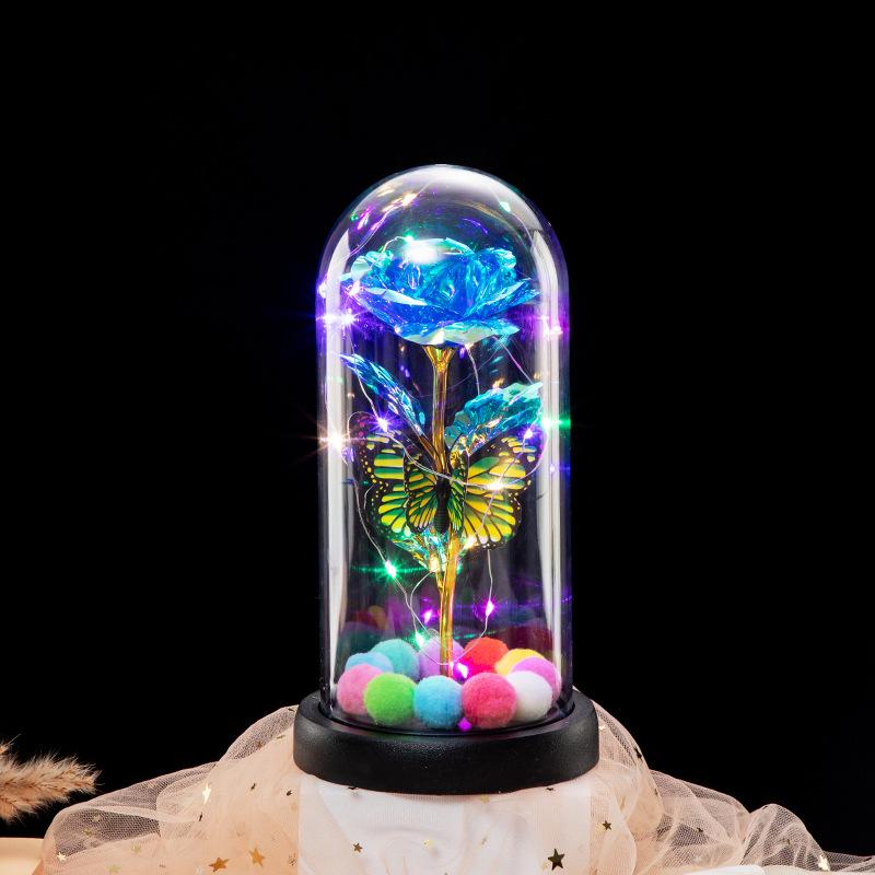 Сияющая золотая бабочка Вечная роза Стеклянный купол Ночник Подарок на Рождество, День святого Валентина, День рождения. 11.8*11.8*22.5 cm