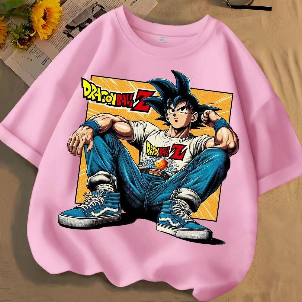 Summer Unisex Pure Polyester Crew Neck T-shirt, Dragon Ball Goku Comic Print,Loose Short Sleeve Tops for Middle and Older Children