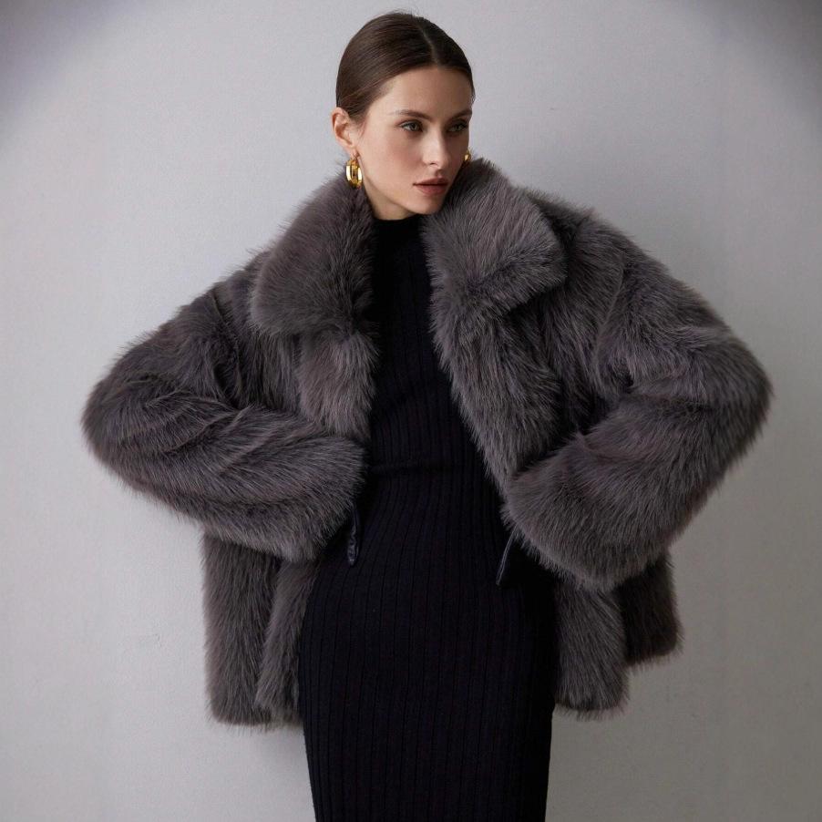 European and American autumn and winter women's clothing solid color artificial fur jacket women's coat