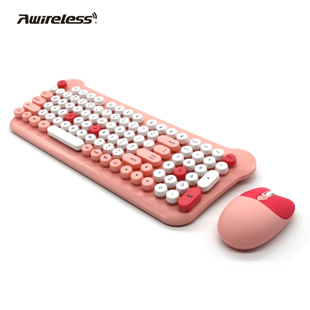 Round Keys Cute 2.4GHz Bluetooth Wireless Keyboard Mouse Set Wireless Keyboard and Mouse Combo for Computer PC Laptop Pink