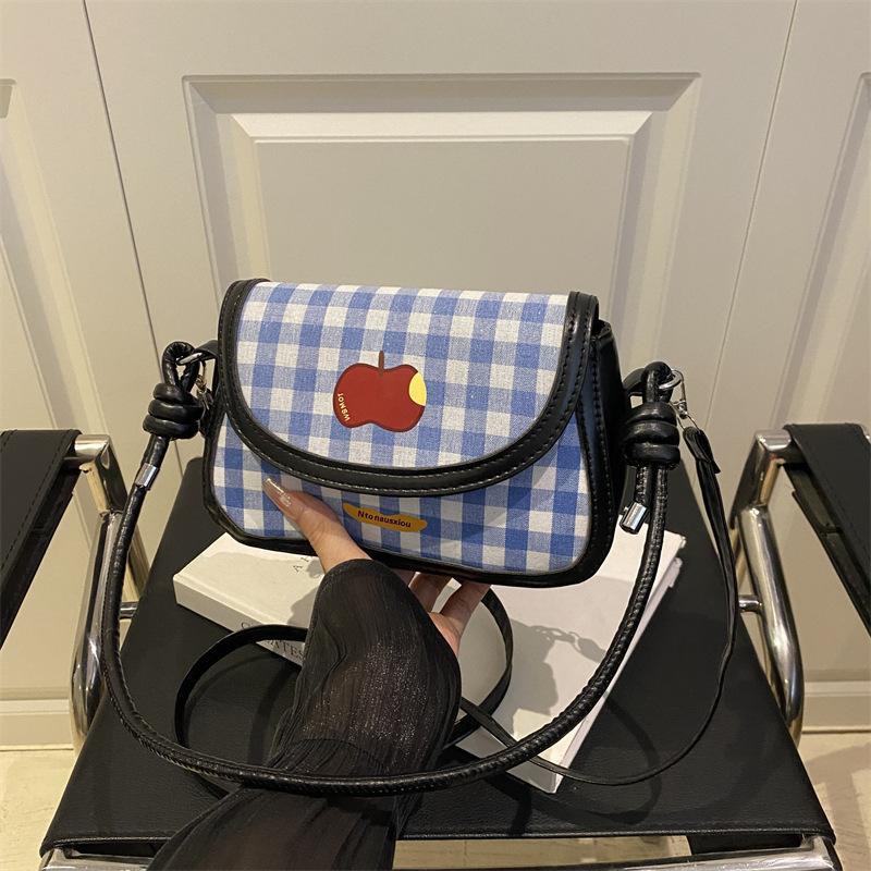 Korean Version Plaid Mini Shoulder 2025 Contrasting Color Embroidery Chain Messenger Bag Sweet and Cute Portable Fashion Saddle Bag