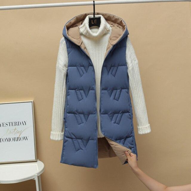Autumn and Winter Women's Solid Color Loose Vest Hooded Long Reversible Vest Jacket Cotton Padded Women's Windproof Warm Vest