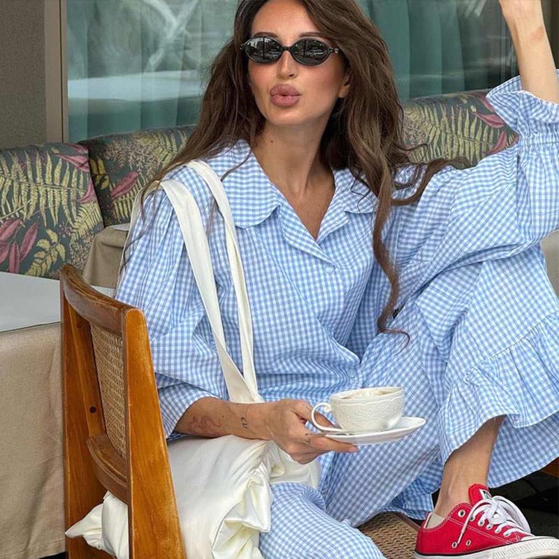 Shirt Lotus Leaf Side Length Pants Two Piece Set Spring Women Long Sleeves Lapel Blouse+High Waist Loose Trousers Female Outfit