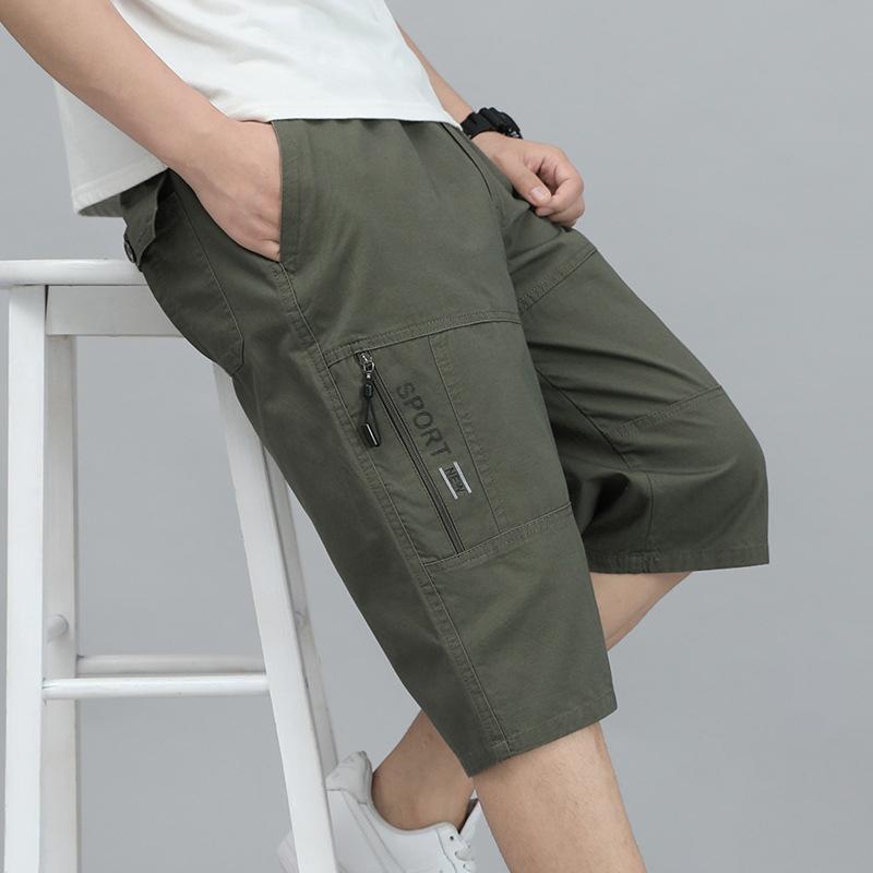 Sommer Herren Outdoor Casual Cargo Shorts Knielange Hosen Reißverschlusstasche Baumwollshorts Kletterjogger Elastische Taille Sportbekleidung