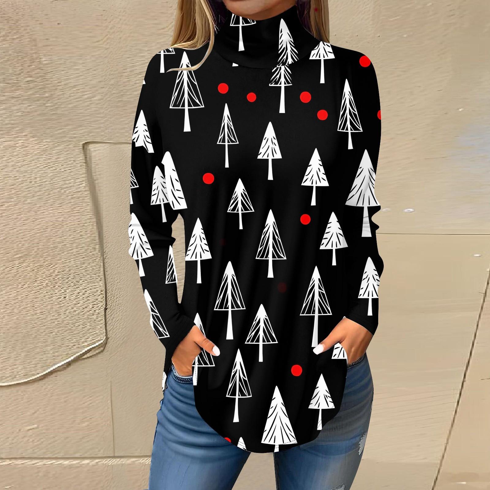 

Women s Fashionable Casual High Neck Christmas Printed Long Sleeve T-Shirt Pullover Top M чорний