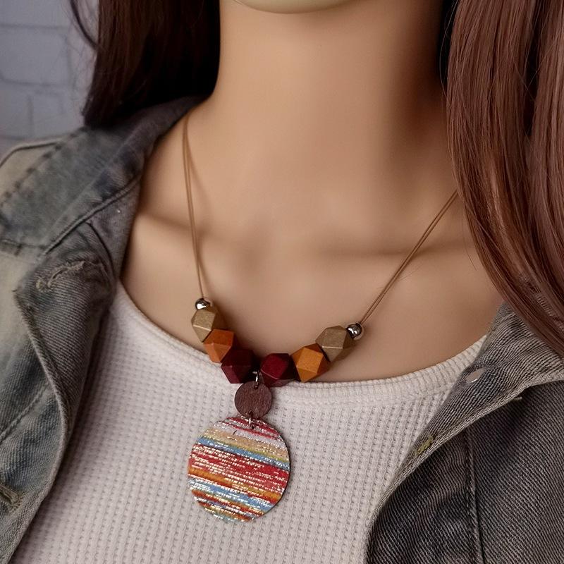Ethnic Style Colorful Striped Necklace Round Leather Pendant Necklace Women's Fashionable Wooden Bead Necklace Bohemian Jewelry