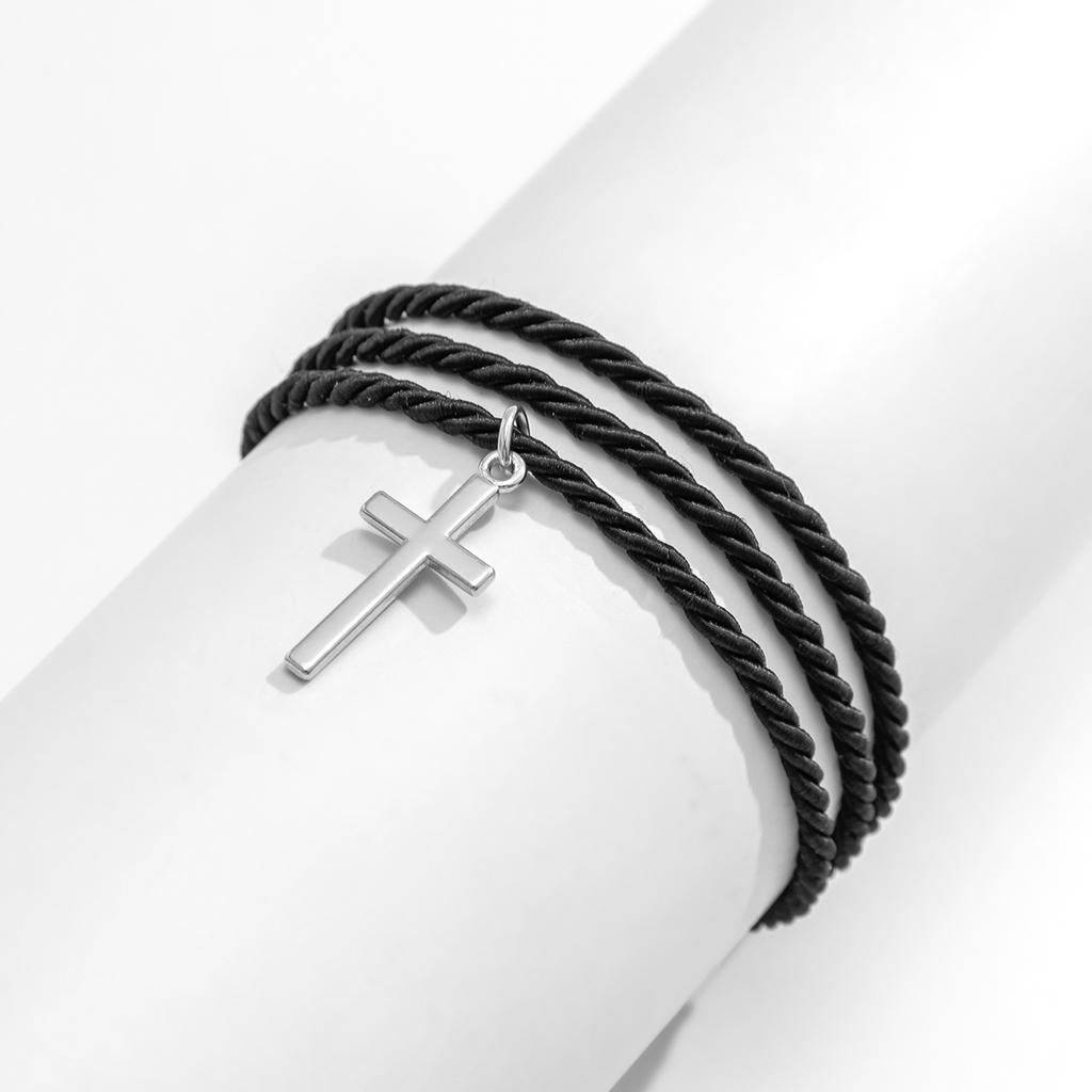 Layered Black Cotton Thread Chain with Cross Pendant Bracelets Men Trendy Rope Hand Chains 2026 Fashion Jewelry Accessories Male