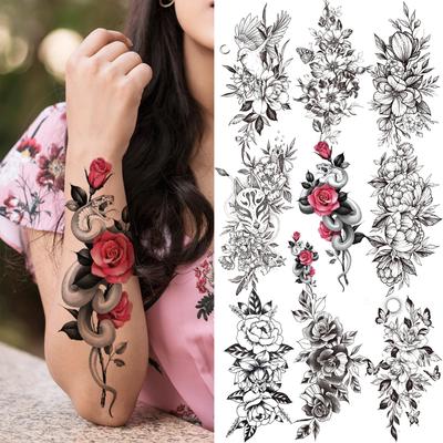 Realistico nero mamba serpente rosa tatuaggio temporaneo per ragazza donna adulti peonia fiore tatuaggi adesivo gloria rosa tatuaggi decor