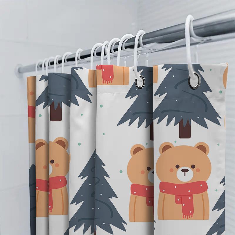 Christmas-Themed Shower Curtain With Bear Pine Tree Print For Bathroom Decoration Waterproof Fabric 180X245Cm Blue Editions