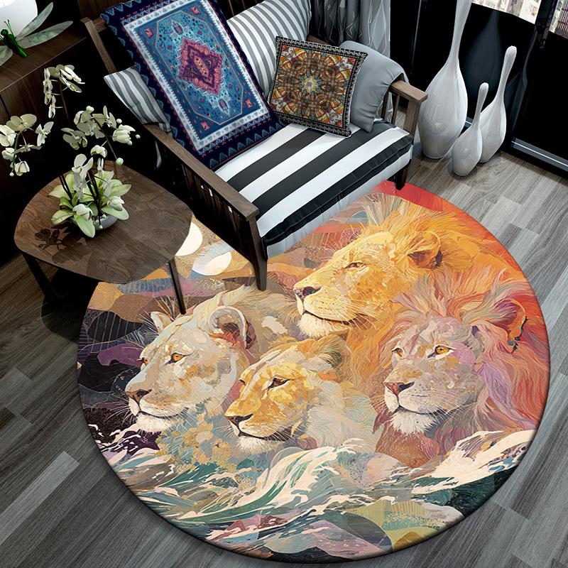 Lion Round Area Rug,Carpet Rug for Living Room Bedroom Sofa Playroom Decor,Non-slip Floor Mat