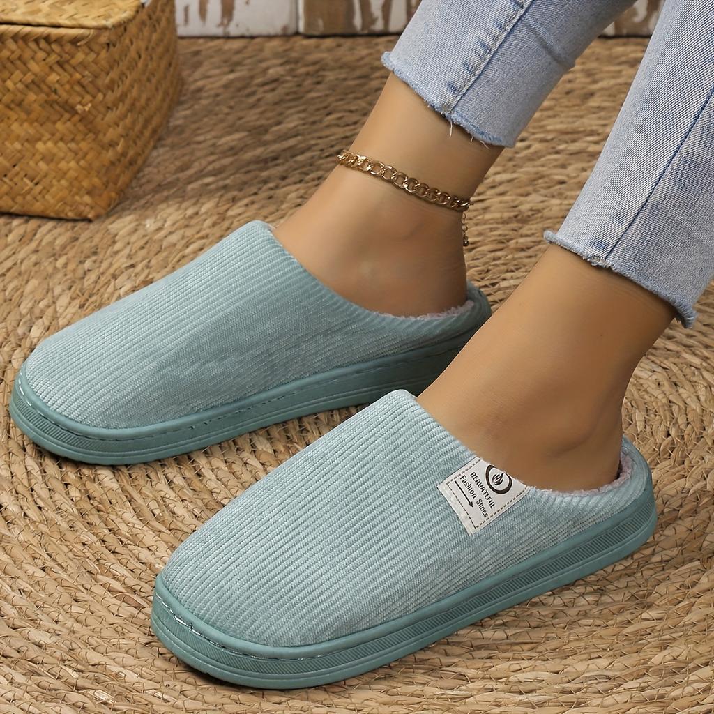 Damen Corduroy Seitliches Logo Winter Hausschuhe Rutschfest Warm Indoor Outdoor HausSchuhe Kleine Größe Empfehlen Eine Nummer Größer Bestellen