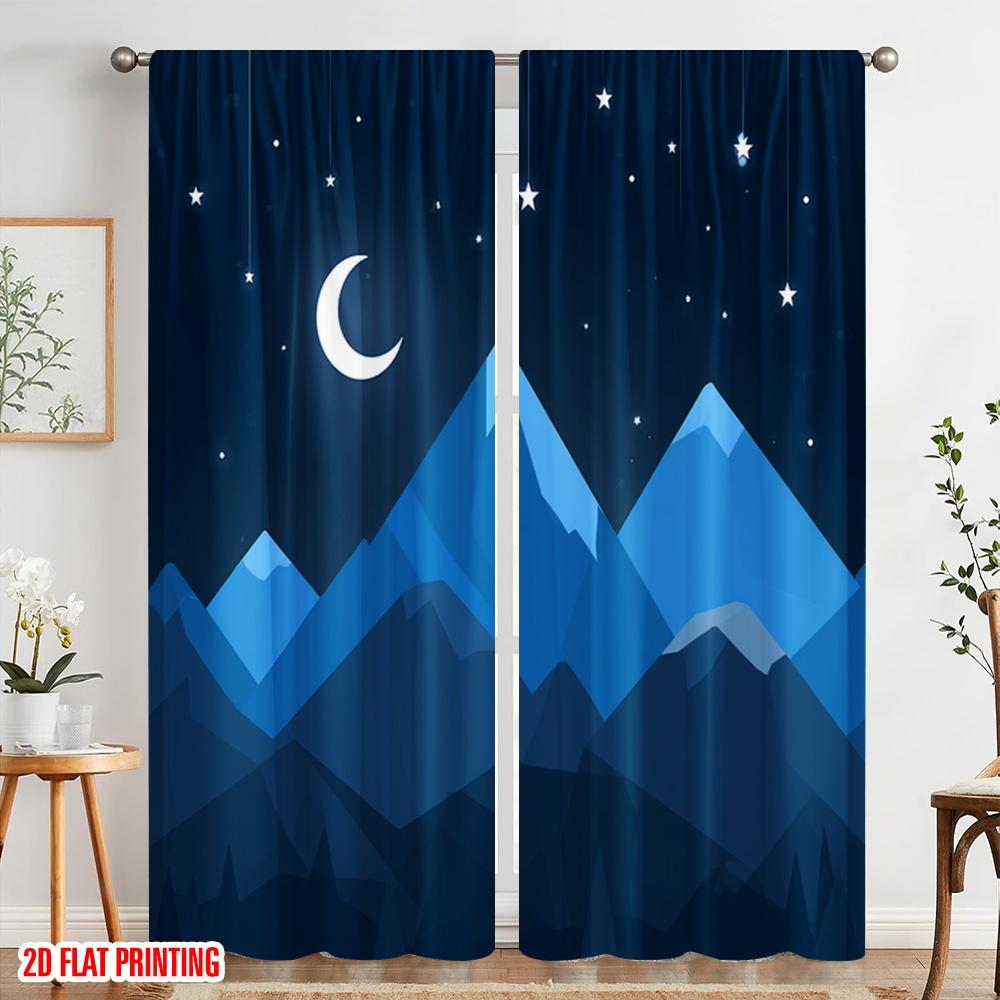2pcs,2D Plane Printing Curtains&Window Treatment Crescent Moon Over Mountains Versatile Polyester Fabric (without Rod)