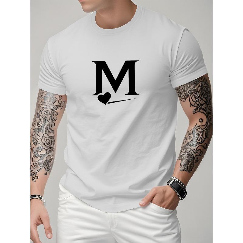 Men's Casual Sporty Fashion Short Sleeve T-Shirt with Creative M Letter and Heart-Shaped Pattern Print, Stretchy and Comfortable, Suitable for Sports