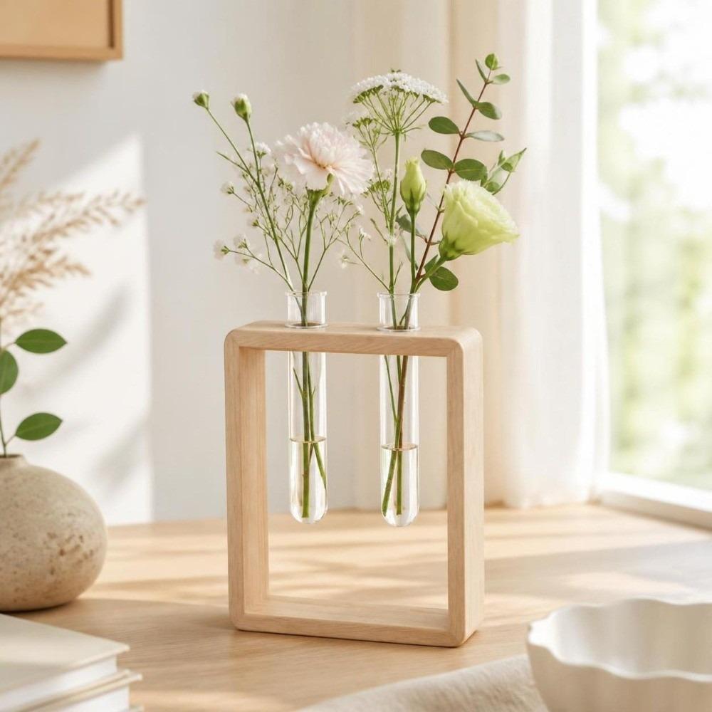Wooden Hydroponic Flower Vase Home Decoration Flower Holder Glass Tube Vase  Living Room
