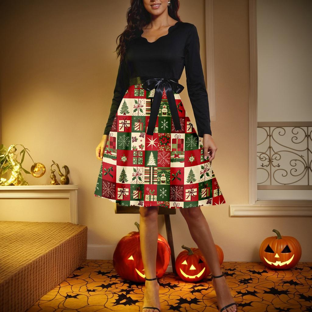Women's Casual Fashion V-neck Long Sleeved Retro Christmas Print Retro Dress