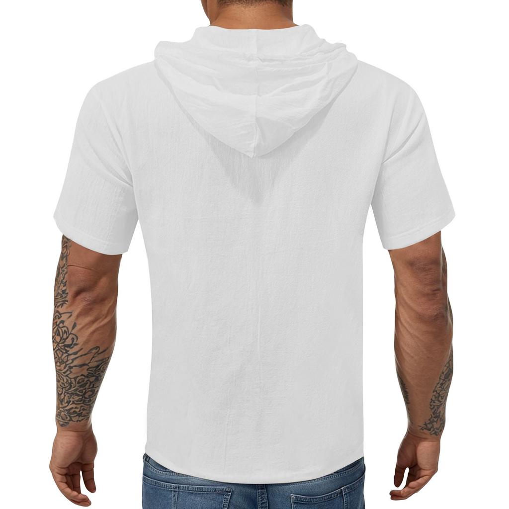 Pánské ležérní tričko s krátkým rukávem a kapucí, s rozhalenkou na knoflíky