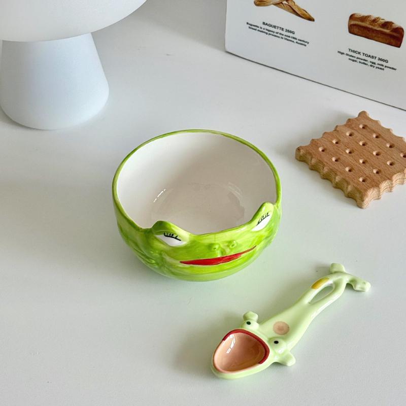 Cute Frog Shaped Ceramic Salad Bowl with Spoon Family Fruit Snack Dinner Bowls Cartoon Tableware Kitchen Utensils Accessories