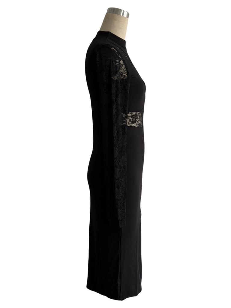 Autumn Women Solid Color Color Block Lace Slit Sexy Bodycon Dress Mature Style French Retro Patchwork Slim Sexy Elegant Women Maxi Dress