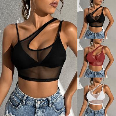 Women's Sexy Lace Strap Mesh Tight Irregular Shoulder Tank Lace Top