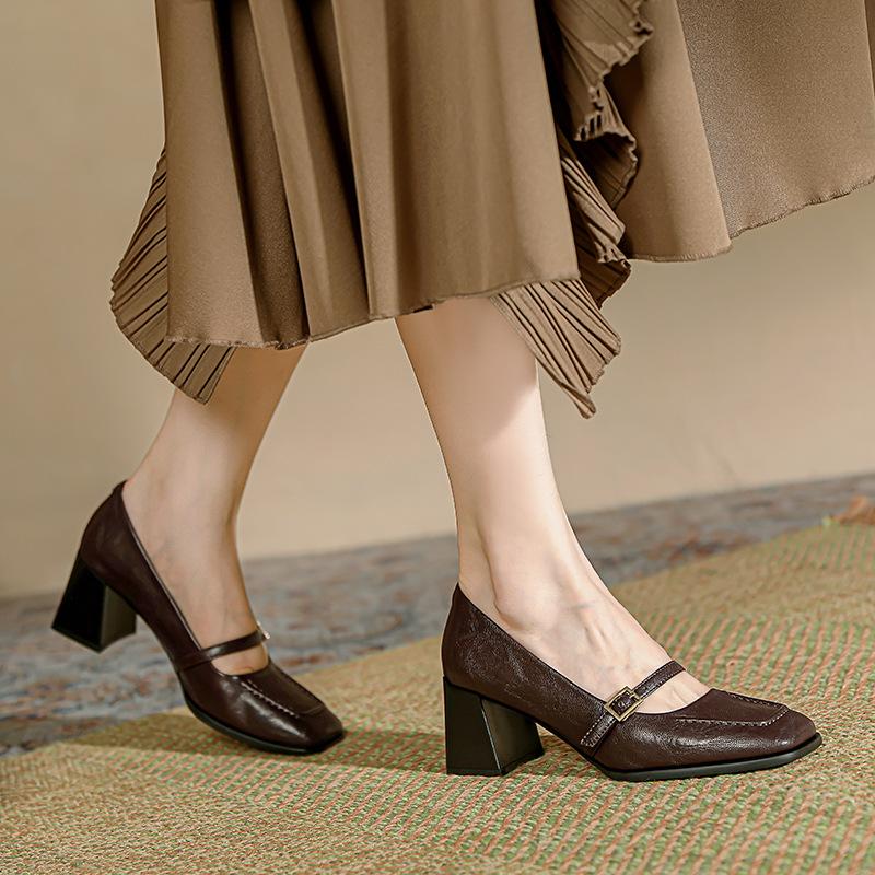 Buty Mary Jane na grubym obcasie Retro kwadratowy nosek Damskie buty Temperament Pojedyncze buty Francuskie eleganckie buty do pracy Płytkie wycięcie Wysokie obcasy