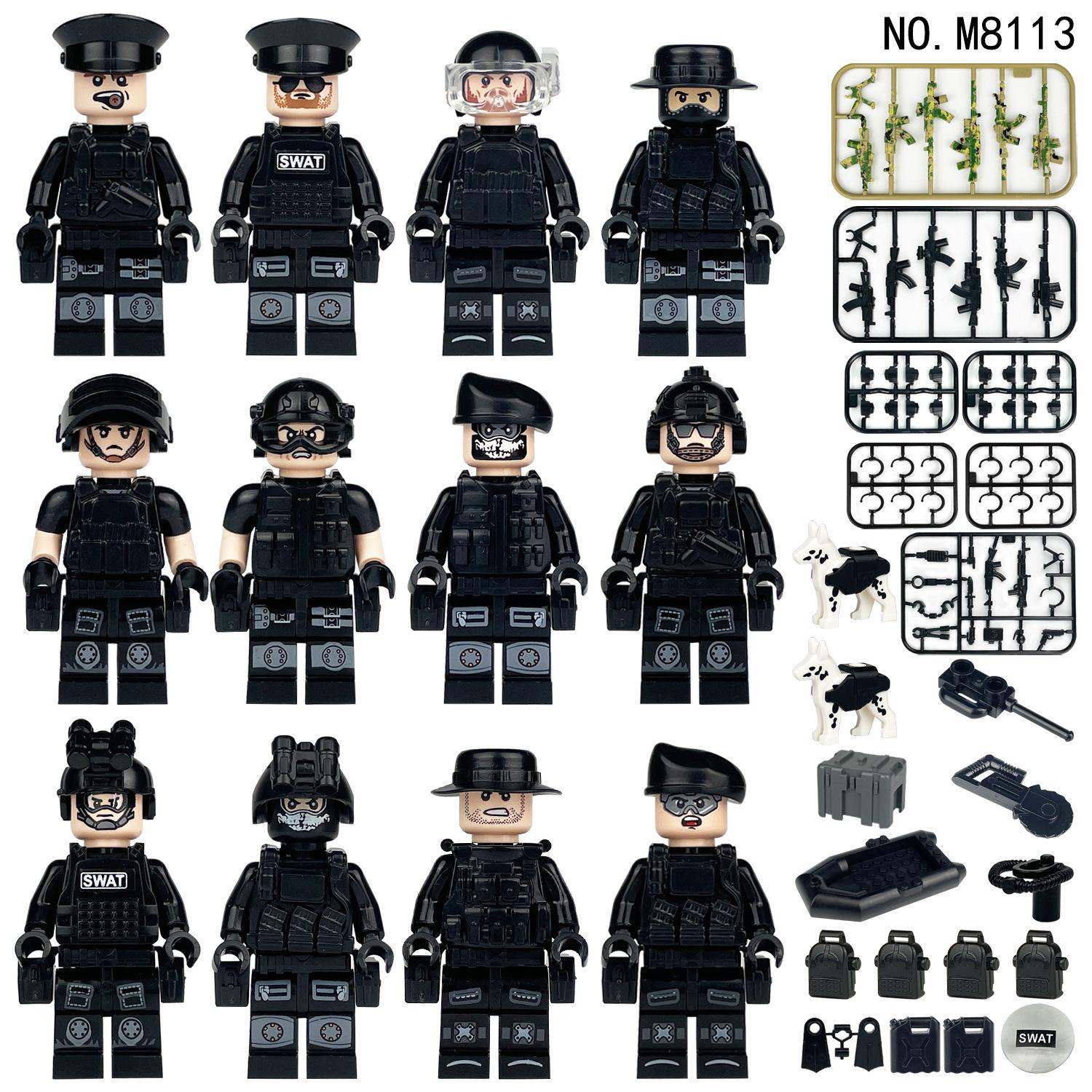 M8113 Federal Special Police Figurine Children Assembled Building Block Toy Kayak Weapon Equipment Box
