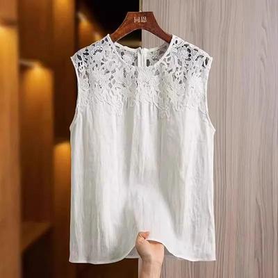 Hollow Lace Patchwork Round Neck Vest for Women's Summer New Style, Fat MM Sleeveless Loose and Slimming Top