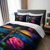 3Pcs Colorful Dragonfly And Rose Floral Bedding Duvet Cover Set, Featuring A Dragonfly Rose Garden Design. This Floral-Themed