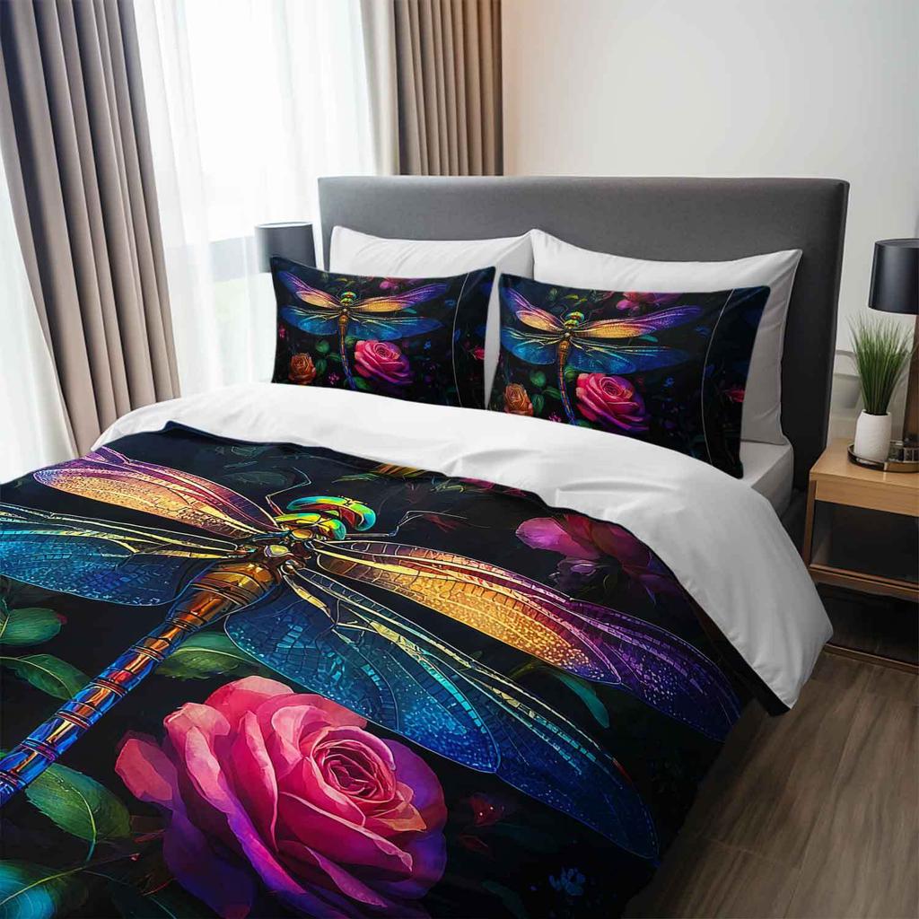 3Pcs Colorful Dragonfly And Rose Floral Bedding Duvet Cover Set, Featuring A Dragonfly Rose Garden Design. This Floral-Themed