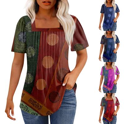 T-Shirts für Damen, plissiert, quadratischer Ausschnitt, elegante, lässige Blusen, bedruckt, kurzärmelig, Sommeroberteile, lockere Passform