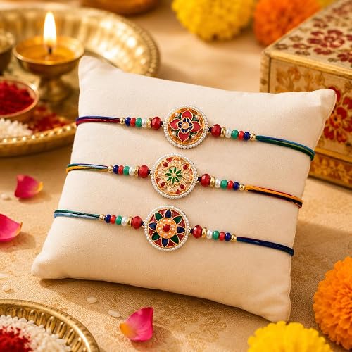 Rakhi for Brother Set of 3 Designer Floral Rakhis for Brother with Beads and Thread, Traditional Handmade Raksha Bandhan Rakhi Combo Pack, Decorative