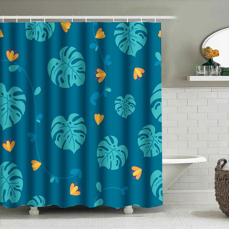 Blue Pattern Shower Curtain Home Decor Waterproof Bathroom Liner for Bathtub Tropical Leaves with Yellow Flowers Design (180x205