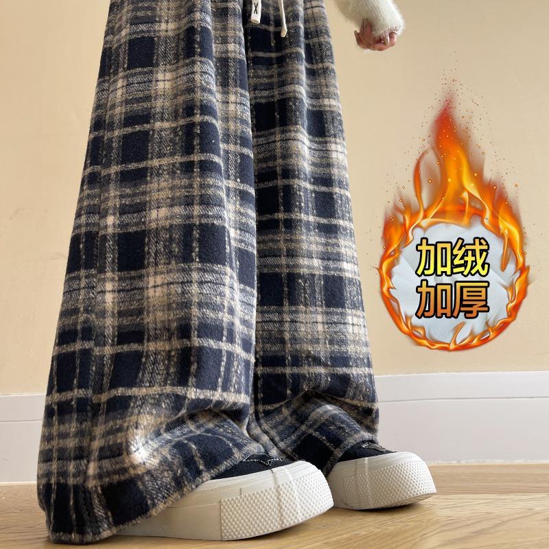 Retro woolen plaid pants women's new autumn and winter loose drape straight small plush wide-leg pants