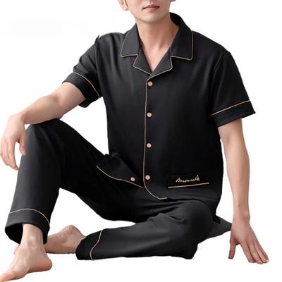 Pijama de Punto de Verano con Cuello Solapa Conjuntos de Pijama para Hombre Pijama Masculino Pantalones Largos a Cuadros Ropa de Casa Ropa de Dormir Ropa para el Hogar Moda